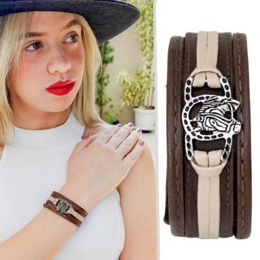 Imagem de Pulseira de Couro Feminina Ajustável Cavalo 2 Ferradura Marrom - GRANA