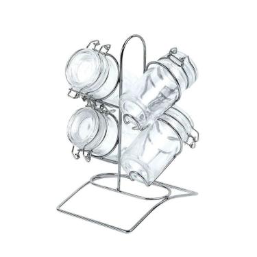 Imagem de Conjunto 4 Potes para Temperos de Vidro com Tampa Hermética e Suporte de Metal Cromado 65ml - Lyor