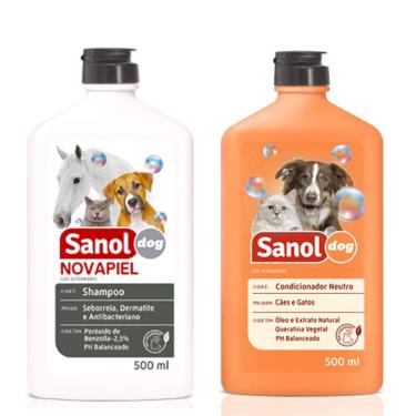 Imagem de Shampoo de Alergia para cães Peróxido de Benzoila Bactericida Seborreico Novapiel e Condicionador Neutro Sanol Cachorro