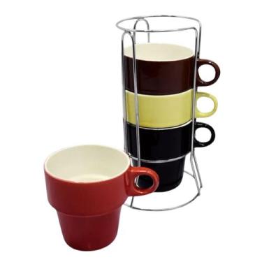 Imagem de Conjunto 4 Xícaras Coloridas 210ml Café Cerâmica Com Suporte - Clink