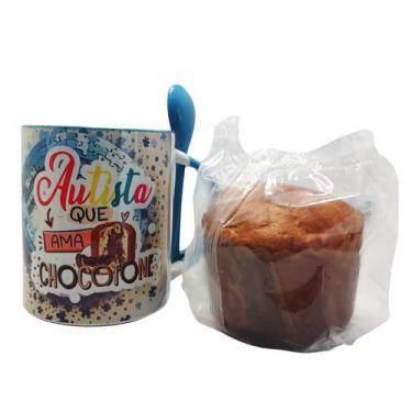 Imagem de Caneca azul colher Autista que ama Chocotone+Chocotone 80 g - Coleção 