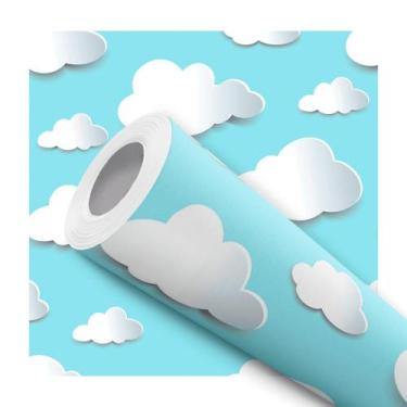 Imagem de Papel De Parede Adesivo Lavável Infantil Nuvem Branca Cinza Azul Efeit