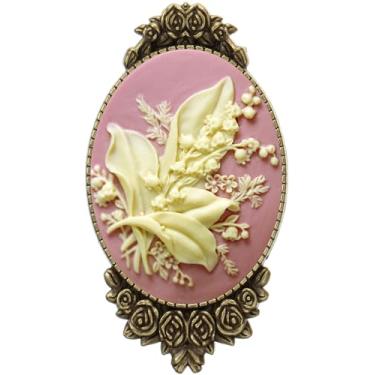 Imagem de Yspace Broche estilo camafeu, decoração rosa, latão antigo, bolsa de joias fashion para presente, Latão, resina