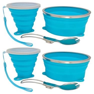 Imagem de Cagelya Kit de bagunça para acampamento, tigela dobrável de silicone, copo dobrável e colher de aço inoxidável para mochilão, caminhadas ao ar livre, viagens e piquenique - pacote com 2