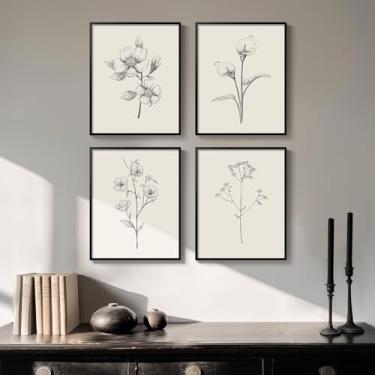 Imagem de Arte de parede floral preto e branco com moldura preta, conjunto de 4 pinturas em tela rústica, impressões de arte para paredes, imagens minimalistas de flores para sala de estar, quarto, lareira,