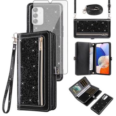 Imagem de Asuwish Capa de celular para Samsung Galaxy A14/M14 5G Carteira com zíper destacável com protetor de tela de vidro temperado alça transversal Bling Glitter Flip porta-cartões A 14 4G 14A 14M G5