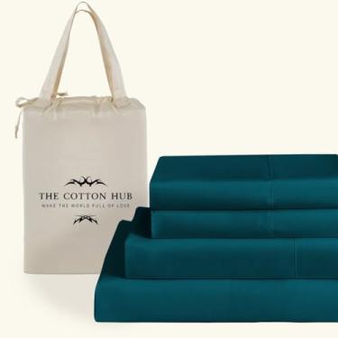 Imagem de Jogo de cama Queen Size de 4 peças, 600 fios, algodão pima peruano, cabe até 45 a 53 cm de profundidade (sólido, azul-petróleo)