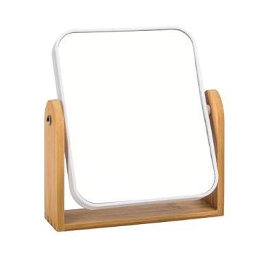 Imagem de Esayendder Espelho de mesa, espelho para mesa, ampliação de 1 x 3 x dupla face 360° espelho de penteadeira, espelho de maquiagem, com suporte de bambu natural - branco