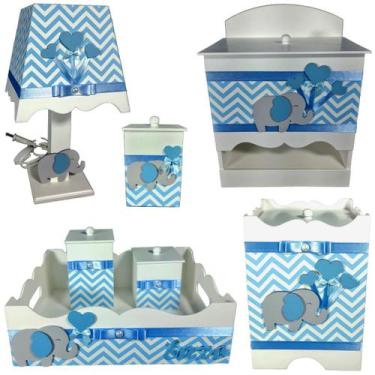 Imagem de Kit Higiene bebê Mdf menino 7 pçs - CHEVRON AZUL BB DE ELEFANTE AZUL -