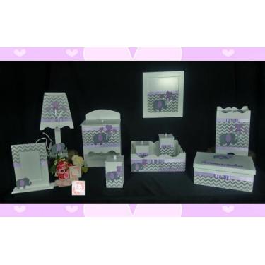 Imagem de Kit Higiene bebê Mdf 10 peças -  CHEVRON CINZA ELEFANTE LILAS - Flores