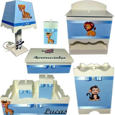 Imagem de Kit farmacinha Higiene bebê Mdf 8 pçs - SAFARI AZUL BB BOLINHA - Flore