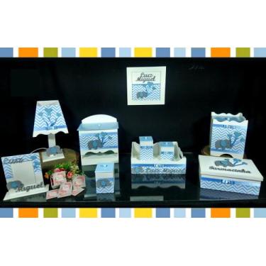 Imagem de Kit Higiene bebê Mdf 10 peças -  CHEVRON AZUL BB DE ELEFANTE AZUL - Fl