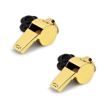 Imagem de iDIGMALL Apito dourado com cordão, apito esportivo de aço inoxidável alto e nítido, apito de metal durável, apito de árbitro para futebol, basquete, futebol, escola, salva-vidas, emergência, pacote