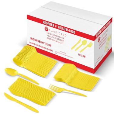 Imagem de PLASTICPRO Conjunto de talheres de 1000 peças de garfos, colheres e facas de plástico amarelo, pacote variado de talheres coloridos descartáveis para festa, escritório em casa