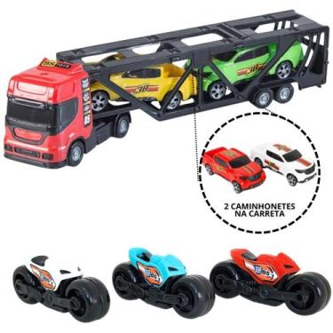 Imagem de Kit caminhão cegonheiro 2 carrinhos e 3 motinhas miniatura brinquedos 