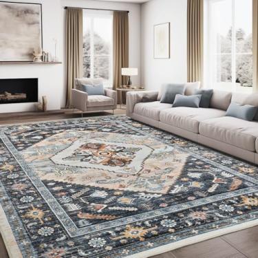 Imagem de Roxstand Tapetes laváveis 15 x 23 cm para sala de estar, tapete ultrafino com suporte antiderrapante, tapete de área grande macio vintage para sala de jantar, quarto de bebê, escritório, quarto (azul