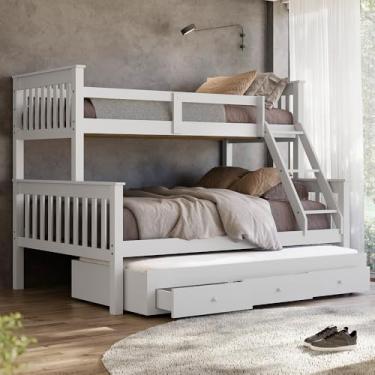 Imagem de Beliche Casal Solteiro De Madeira + Aux Solteiro Com Gavetas Woodstore (Branco)