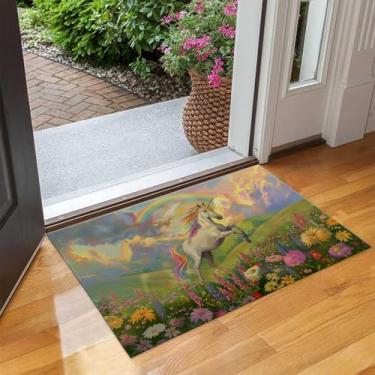 Imagem de UNDAHIS Tapete de porta interno de unicórnio mágico, tapete antiderrapante de arco-íris e flores silvestres para sala de estar, cozinha, tapete de boas-vindas de tecido não tecido para entrada