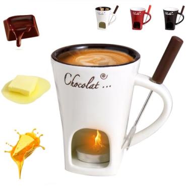 Imagem de Caneca de fondue de chocolate com garfo, copo de fondue de chocolate, copo pessoal de derretimento de chocolate para queijo, copo de derretimento de chocolate de cerâmica, caneca de derretimento de