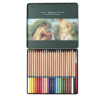 Imagem de Conjunto de lápis de desenho solúvel em água de 24 cores fino da Marco Renoir para pintura em madeira não tóxica, desenhador de artista, desenho de artesanato com caixa de ferro.