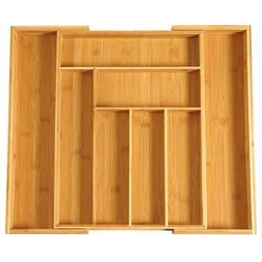 Imagem de Suporte de talheres expansível de bambu ajustável e organizador de talheres com divisórias de gaveta para utensílios de cozinha – serve para a maioria das gavetas (6 a 8 compartimentos)