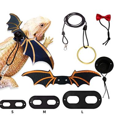 Imagem de SEIS Conjunto de roupas de fantasia de lagarto de dragão barba, coleira e asas, arnês para répteis e gravata borboleta, para presente, roupas de animais pequenos (preto)
