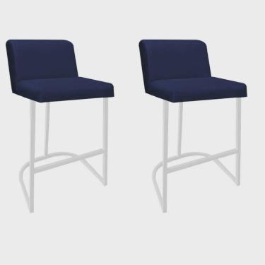 Imagem de Kit 02 Banquetas Com Encosto Noah Luxo Confort Bistrô Cozinha Ferro Branco Corino Azul Marinho - Ahazzo Móveis