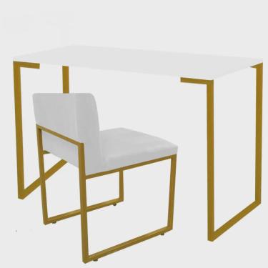 Imagem de Kit Mesa Escrivaninha Stan e Cadeira Lee Industrial Escritório Tampo Branco Dourado Tecido Sintético Branco - Ahazzo Móveis