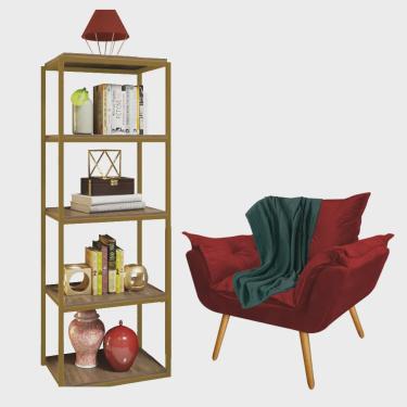 Imagem de Kit Poltrona Fatte com Manta Soft Verde e Estante Livreiro Ferro Dourado mdf Rústico Su...