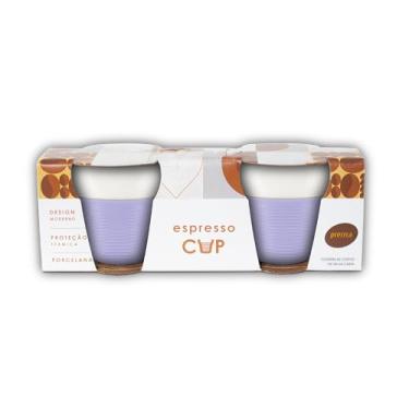 Imagem de Espresso Cup - Kit com 2 Copos de Porcelana com luva de silicone Lilás para proteção térmica, capacidade para 50 ml, 6,5 cm de altura