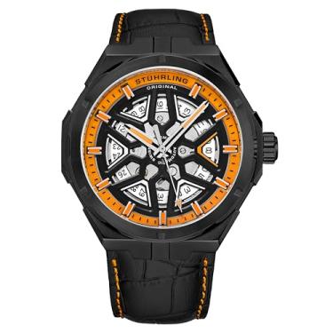 Imagem de Stuhrling Original Relógio masculino suíço automático – relógio social masculino de couro com corda automática, relógio de pulso mecânico esqueleto para homens, Laranja, Relógio automático, mecânico
