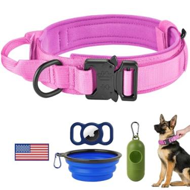 Imagem de HYDEME Coleira tática de nylon ajustável com alça de controle e fivela de metal pesado para cães médios e grandes, com patches, airtags, estojo e dispensador de saco de cocô e tigela portátil (GG