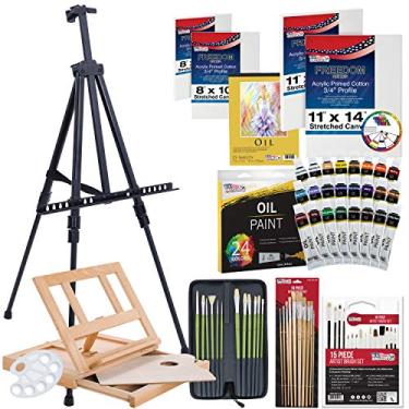 Imagem de U.S. Art Supply Conjunto de pintura a óleo de 70 peças com cavalete de piso de alumínio, cavalete de mesa de madeira, 24 cores de pintura a óleo, bloco de pintura a óleo, telas esticadas de 20 x 25 cm, 28 x 35 cm, pincéis de artistas