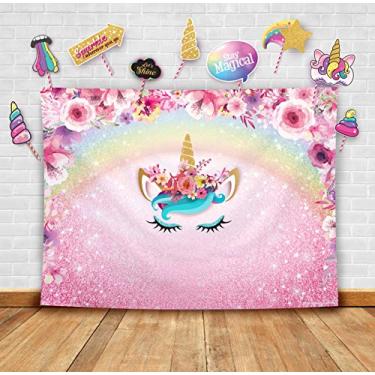 Imagem de Kit DIY de pano de fundo de fotografia com tema de unicórnio floral brilhante e adereços de estúdio. Ótimo como fundo de cabine de fotos, artigos de festa de aniversário arco-íris e decorações de chá de bebê de princesa rosa