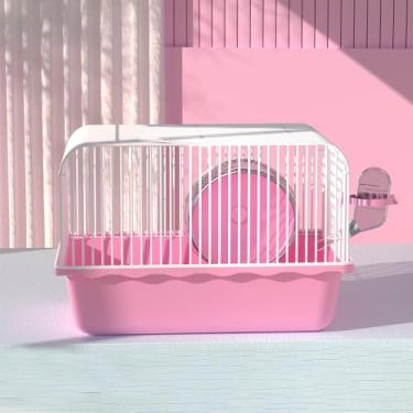 Imagem de JOUSONTY Gaiolas portáteis para hamster de 22 x 16,7 x 6,7 cm, para hamster, para animais pequenos, com garrafa de água, tigela de comida, roda pequena, rosa