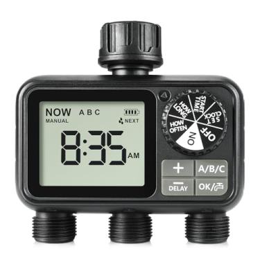 Imagem de Temporizador de irrigação, temporizador programável de 3 saídas com entrada de latão para mangueira de jardim, uso externo com atraso de chuva/sistema de irrigação manual/automático, temporizadores