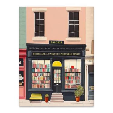 Imagem de MWZUPQ Pink Bookshop Poster Book Wall Art The Bookshop On The Corner Paintings Prints Room Decor Estética para Ler Nook Decoração de parede 08X10 polegadas Sem moldura Presente para amantes de livros