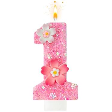Imagem de Vela de aniversário de flor rosa, número 1 para bolo, 1ª vela para primeiro aniversário, decoração de bolo, aniversário de casamento e outras celebrações (flor 1)