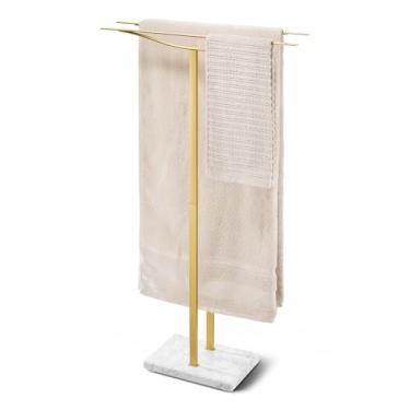 Imagem de Toalheiro de banheiro Suporte de piso autônomo: Suporte de toalha de base de mármore ponderado de 2 barras douradas de 91 cm, rack de secagem de aço inoxidável 304 à prova de ferrugem para toalhas de