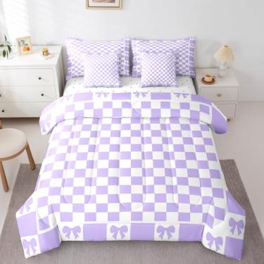 Imagem de Jogo de cama solteiro, xadrez roxo e branco, 7 peças, laço roxo com laço de princesa em uma bolsa para crianças, quadriculado geométrico, arte simples, conjunto de edredom com lençóis, capas de