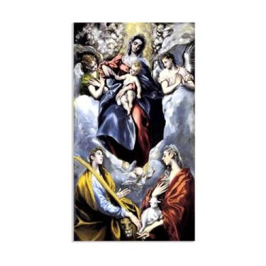 Imagem de Reproduções de artistas famosos impressões em tela Madonna e criança com Santa Renascença religiosa pintura de parede pôster giclee decoração de parede 125 x 70 cm (124,5 x 71,1 cm) emoldurado
