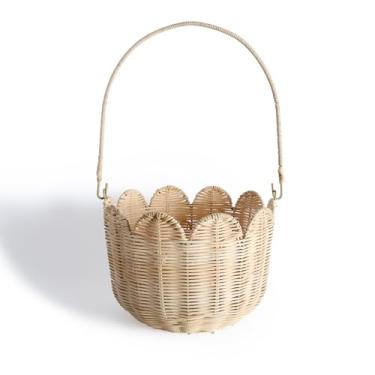 Imagem de Cesta redonda de borda recortada com alça, cestas de armazenamento de vime super resistentes, cesta tecida à mão para prateleiras, cestas naturais para organização (vime branco 19,8 x 19,78 x 17,8 cm)