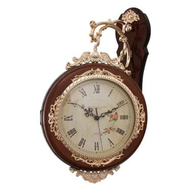 Imagem de Fenteer Relógio de parede dupla face, relógio de arte decorativa, relógios de parede europeus operados por bateria para quarto e sala de estar, Marrom