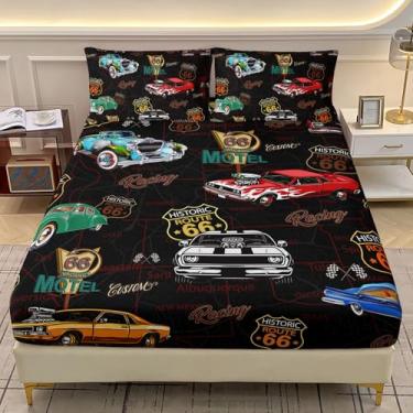 Imagem de AILONEN Jogo de lençol infantil de corrida para meninos, Queen, colorido, veículo de corrida, macio, 3 peças, lençol com elástico preto + 2 fronhas
