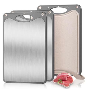 Imagem de 3 tábuas de corte de titânio, tábuas de corte de titânio puro para cozinha, tábua de corte de grau alimentício para cortar frutas, carne, vegetais, lavável na lava-louças, fácil de limpar, 38 x 25 cm