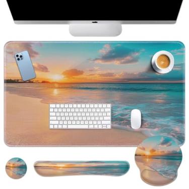 Imagem de Arttown Tapete de mesa de verão oceano conjunto de mouse pad 4 em 1 nuvem onda do mar design ergonômico grande almofada de mesa + descanso de pulso para teclado + descanso de pulso para mouse +