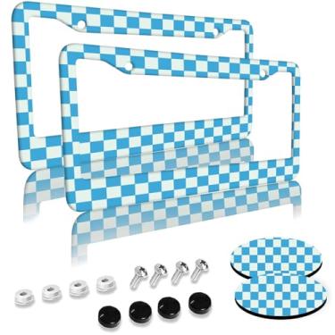 Imagem de Molduras de placa de licença xadrez azul, pacote com 2 furos, capa de placa de licença de alumínio com 2 peças de porta-copos de carro e parafusos e tampas de parafuso pretas para meninas mulheres