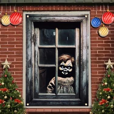 Imagem de Starlit Patio Capa de janela assustadora de Halloween, boneca assustadora, decoração de casa assombrada, pôster temático de Halloween de terror, fundo sangrento, janela assustadora para adereços de