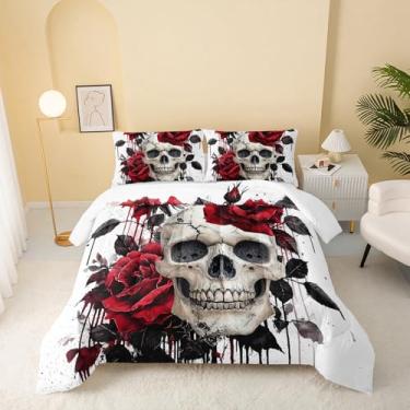 Imagem de QOOMO Jogo de cama casal de esqueleto gótico floral, rosa vermelha, com 1 edredom e 2 fronhas, microfibra leve para todas as estações