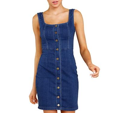 Imagem de luvamia Vestido feminino casual com decote em V, sem mangas, jeans com botões, Jeans azul, G